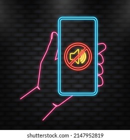 Neon Icon. Hand holds phone with no sound sign on screen on darck background. Vector illustration