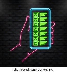 Neon Icon. Hand holds phone with check list on screen on green background. Vector illustration