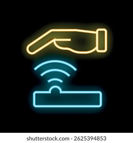 Neon icon of a hand reaching for a contactless payment terminal with nfc technology