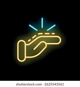 Ícone de néon de uma mão tocando um feixe de luz, simbolizando inovação, tecnologia e criatividade