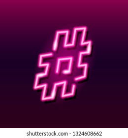 Neon icon of hashtag sign or musical sharp on gradient background. Social networks or music concept. Design element for logo, banner, flyer. Vector 10 EPS illustration.