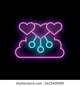 Neon icon of hearts connected to a cloud computing system, symbolizing the power of love and technology