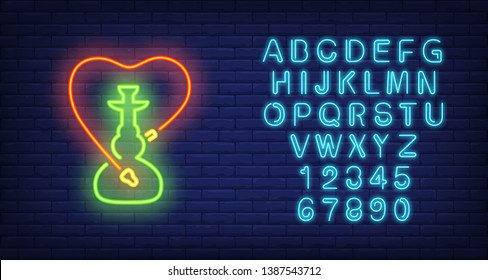 Neon icon of hookah with heart shaped hose on brick wall background. Smoking or romance concept. Bright neon sign element can be used for lounge, club and cafe advertising