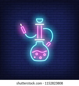 Neon icon of hookah on brick wall background. Smoking or romance concept. Bright neon sign element can be used for lounge, club and cafe advertising