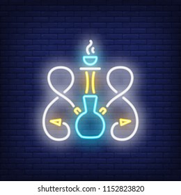 Neon icon of hookah with two hoses on brick wall background. Smoking or romance concept. Bright neon sign element can be used for lounge, club and cafe advertising