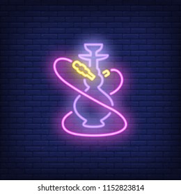 Neon icon of hookah with two pink hoses on brick wall background. Nightlife or dating concept. Bright neon sign element can be used for lounge, club and cafe advertising