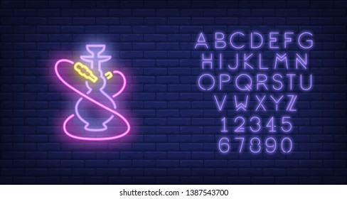 Neon icon of hookah with two pink hoses on brick wall background. Nightlife or dating concept. Bright neon sign element can be used for lounge, club and cafe advertising