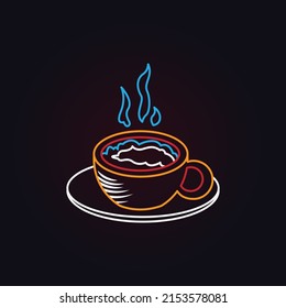 Neon icon of hot coffee cup isolated on black background. Cafe, beverage, street food, energy concept for logo, banner.