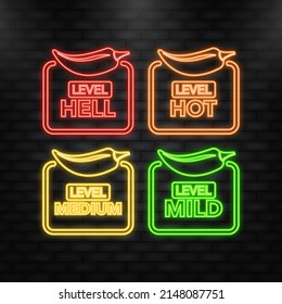 Neon Icon. Hot pepper strength scale indicator with mild, medium, hot and hell positions. Chilli level. Vector illustration