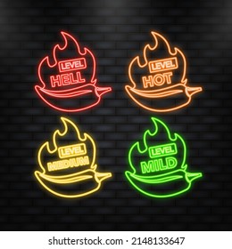 Neon Icon. Hot pepper strength scale indicator with mild, medium, hot and hell positions. Chilli level. Vector illustration