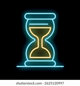 Neon icon of hourglass with flowing sand, symbolizing time passing