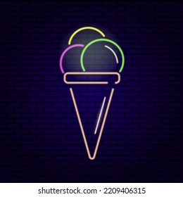 Neon icon of ice cream scoops in a waffle cup. Logo concept, banner. Vector illustration of summer sweet fast food.