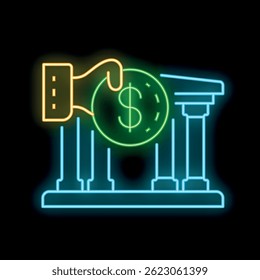 Neon icon illustration of a hand holding coin putting in bank building facade on black background