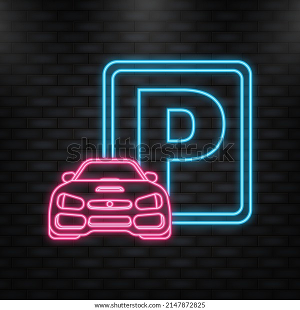 Neon Icon. Isolated Parking Sign -\
Blue roadsign with letter P isolated on white\
background.