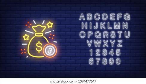Neon icon of jackpot. Sack of money and ball with figure of three on brick wall background. Lottery game concept. Can be used for neon signs, posters, billboards, banners.