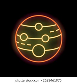 Neon icon of jupiter with its characteristic great red spot is glowing on a dark background