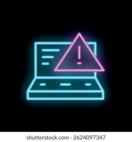 Neon icon of a laptop computer displaying a cyber security warning alert
