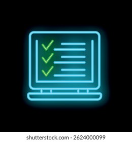 Neon icon of a laptop displaying a checklist with green check marks, on a black background