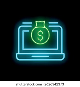 Neon icon of laptop showing money bag for online payment, shopping and banking concept