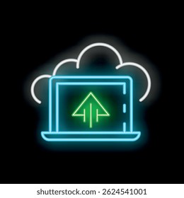 Ícone de néon de um laptop carregando dados para uma nuvem, representando computação em nuvem e armazenamento de dados