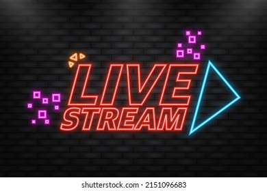 Neon Icon. Live stream logo - red vector design element with play button for news and TV or online broadcasting.