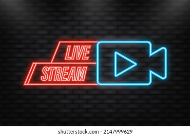 Neon Icon. Live streaming logo - red vector design element with play button for news and TV or online broadcasting.