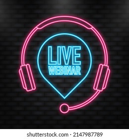 Icono Neon. Icono del webinar en directo sobre fondo blanco. Reproducir video. Ilustración del vector