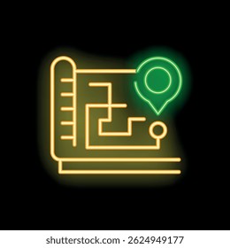 Neon icon of a location pin on a city map, representing finding your way around