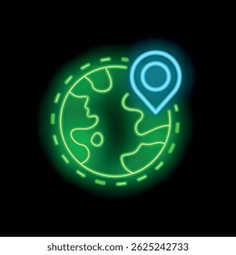 Neon icon of location pin pointing at planet earth on black background