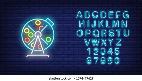 Neon icon of lottery drum. Lotto machine with balls inside on brick wall background. Lottery game concept. Can be used for neon signs, posters, billboards, banners