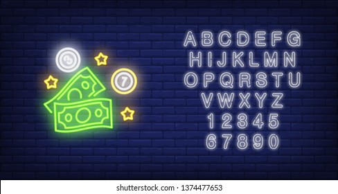 Neon icon of lottery prize. Money, balls and stars on brick wall background. Lotto playing concept. Can be used for neon signs, posters, billboards, banners.