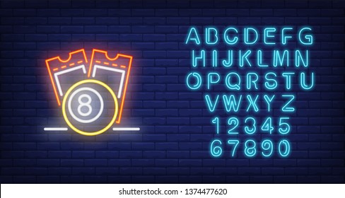 Neon icon of lottery tickets. Scratch coupons and ball with figure of eight on brick wall background. Lotto playing concept. Can be used for neon signs, posters, billboards, banners.