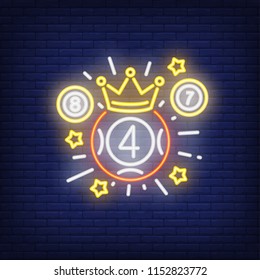 Neon icon of lottery winner. Ball with figure of four in crown with beams and stars on brick wall background. Lotto playing concept. Can be used for neon signs, posters, billboards, banners.