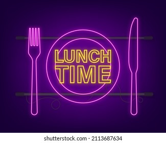 Icono de neón con hora de almuerzo sobre fondo blanco para el diseño de portada. Fondo de cocina. Icono del vector. Logo del vector.