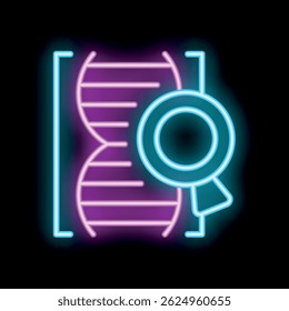 Neon icon of a magnifying glass analyzing a dna structure, representing genetic research and analysis