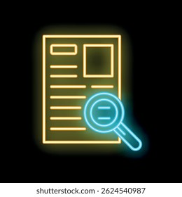 O ícone de néon de uma lente de aumento paira sobre um documento, simbolizando o processo de recuperação de informações