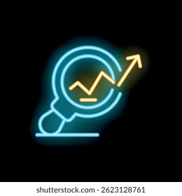 Neon icon of a magnifying glass showing a growing chart representing market research