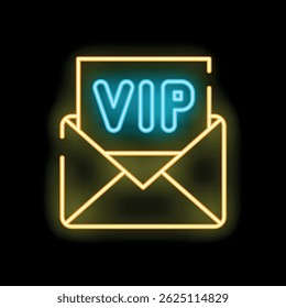 Neon icon of mail envelope containing vip letter glowing on black background