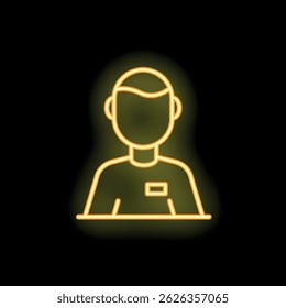 Neon icon of a man wearing a name tag standing behind a counter or desk