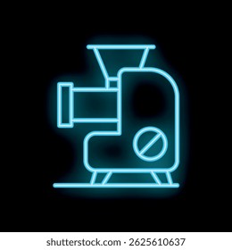 Neon icon of a manual meat grinder glowing blue on a black background, perfect for restaurant, food industry, and vintage kitchen concepts