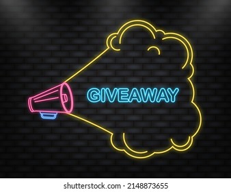 Neon Icon. Megaphone blue banner with giveaway sign. Vector illustration.