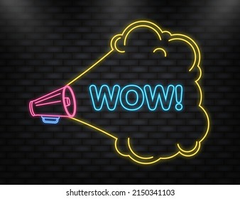 Neon Icon. Megaphone blue banner with wow sign. Vector illustration.