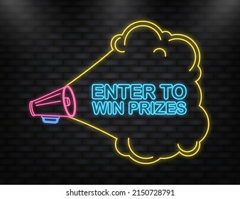 Neon Icon. Megaphone blue banner with enter to win prizes sign. Vector illustration.