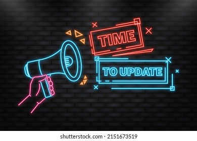 Neon Icon. Megaphone Blue Banner With Time To Update Sign. Vector Illustration.