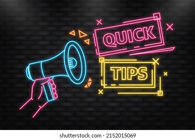 Neon Icon. Megaphone blue banner with quick tips sign. Vector illustration