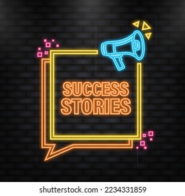 Neon Icon. Megaphone blue banner with success stories sign. Vector illustration.