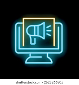 Neon icon of a megaphone on a computer screen representing online marketing and digital advertising