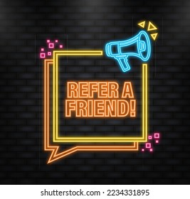 Neon Icon. Megaphone with refer a friend. Poster in flat style. Vector illustration