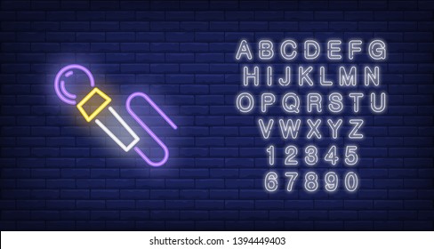 Neon icon of microphone on brick wall background. Sound equipment concept. Vector illustration can be used for neon signs, billboards, live music, karaoke bar