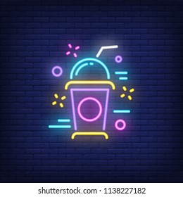 Neon icon of milkshake. Lemonade, straw, takeaway cup. Beverage and drink concept. Can be used for signs, billboards, banners